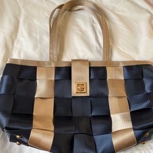 Dark blue and tan genuine seatbelt handbag